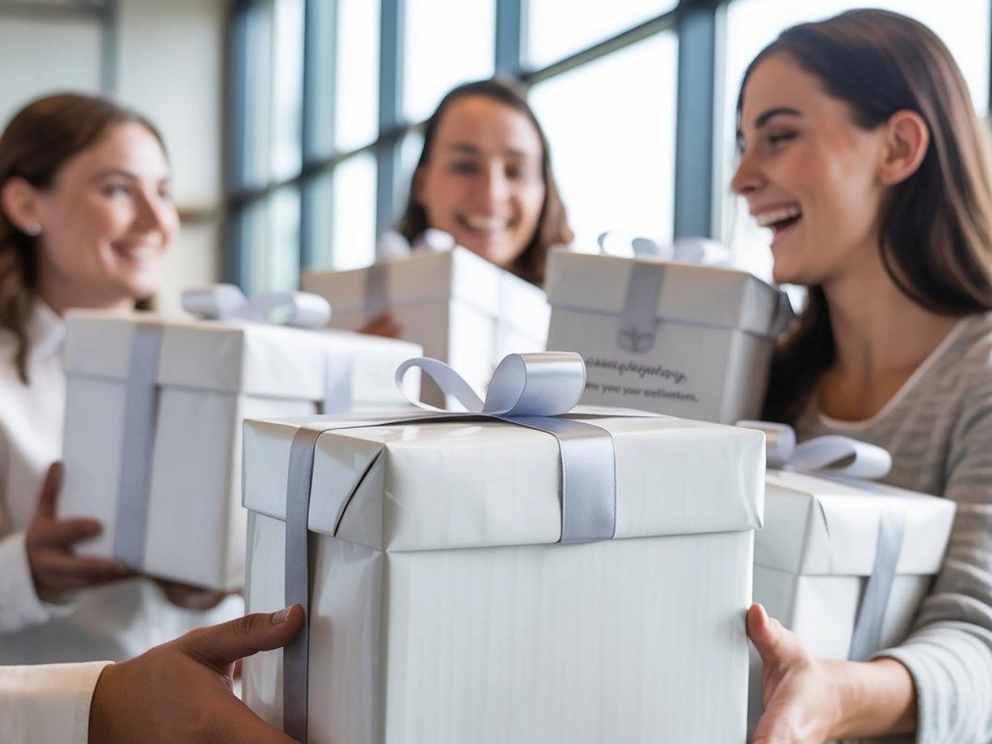 Vrouwen lachen terwijl zij luxe wit verpakte cadeaudozen met zilveren lint ontvangen.
