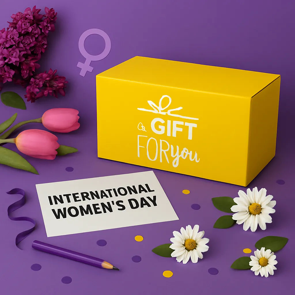 Gele cadeaudoos met de tekst ‘A gift for you’, omringd door bloemen en een kaartje met ‘International Women’s Day’ op paarse achtergrond.
