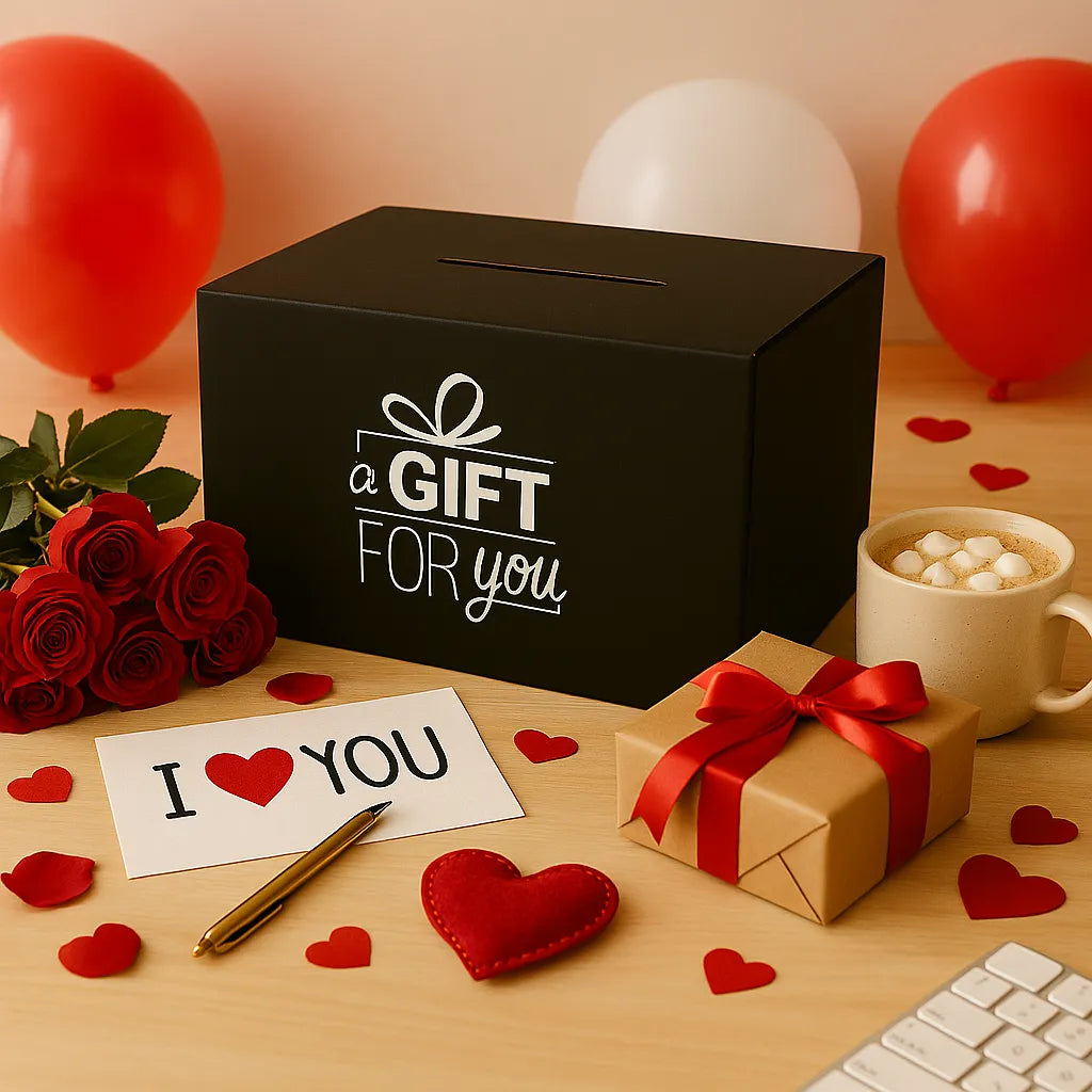 Zwarte cadeaudoos met de tekst ‘A gift for you’, omringd door rode rozen, ballonnen, een cadeau met rood lint en een kaartje met ‘I love you’ voor Valentijnsdag.