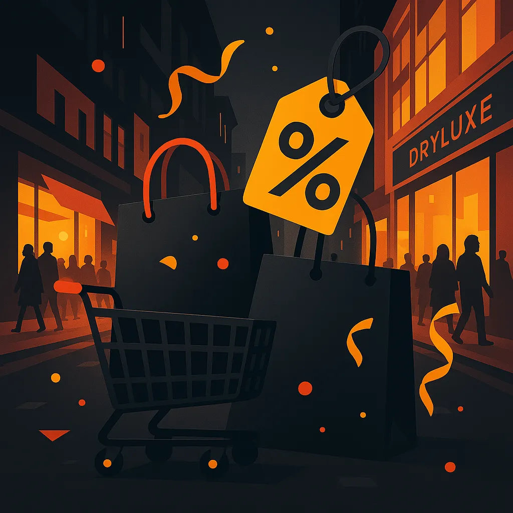 Sfeervolle Black Friday afbeelding met winkelwagentjes, shoppingtassen en een drukke winkelstraat tegen een donkere, stijlvolle achtergrond.