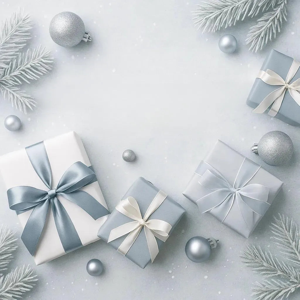 Een stijlvolle nieuwjaarssetting met luxe cadeaus, feestelijke decoratie en een warme sfeer – perfect passend bij eindejaarsgeschenken.