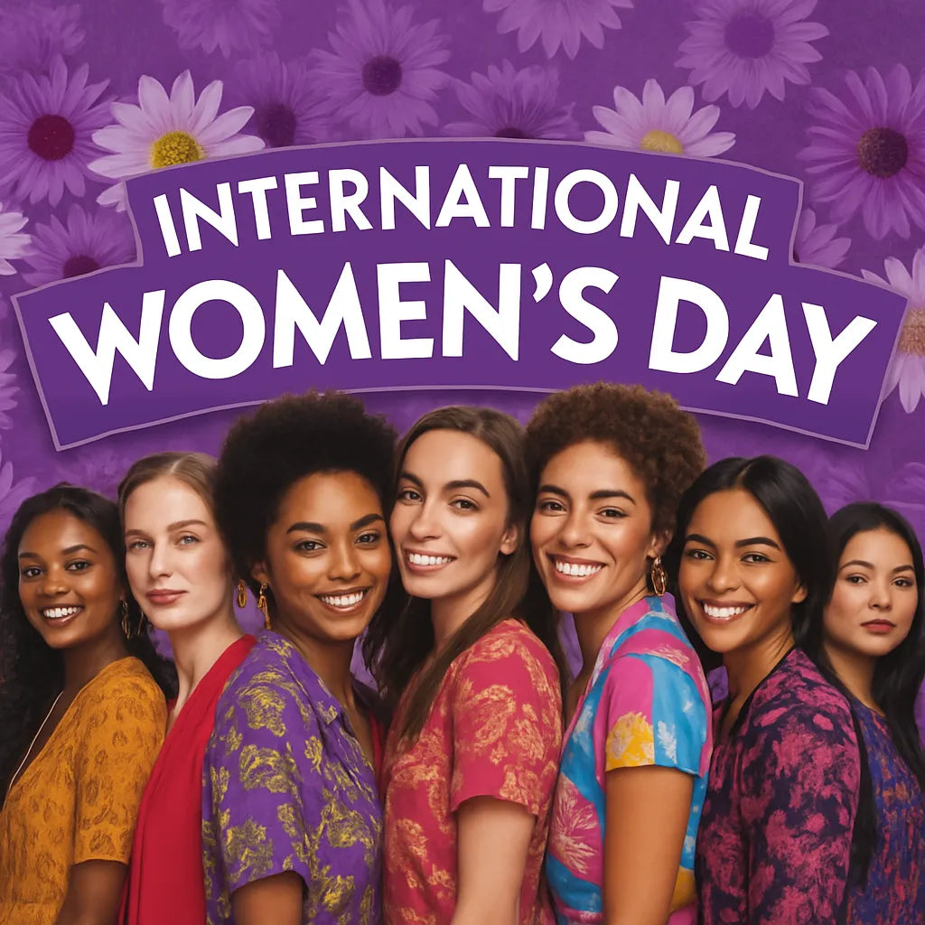 Groep lachende vrouwen van diverse afkomst, staand voor een kleurrijke achtergrond met paarse en witte bloemen, ter ere van Internationale Vrouwendag.