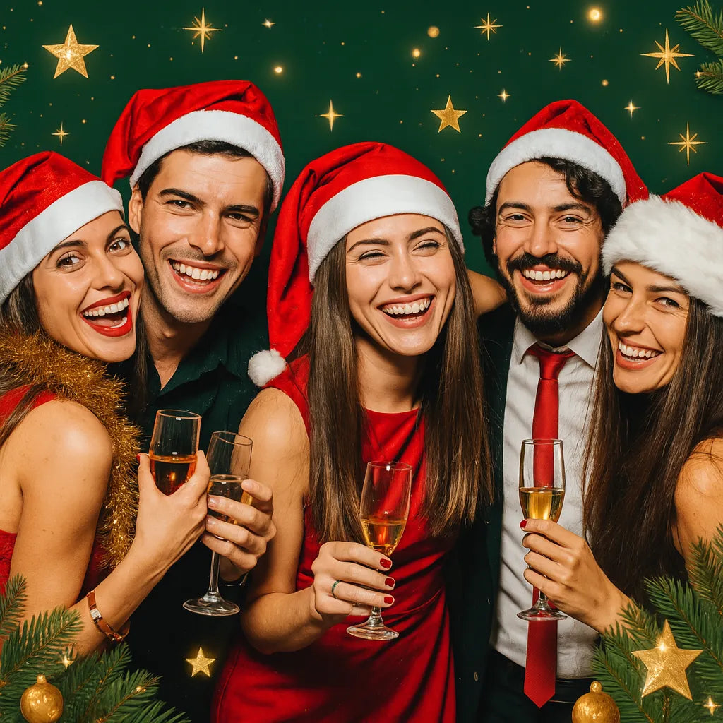 Vijf lachende vrienden in kerstkleding met kerstmutsen en champagneglazen voor een feestelijke gouden achtergrond, klaar om samen de feestdagen te vieren.