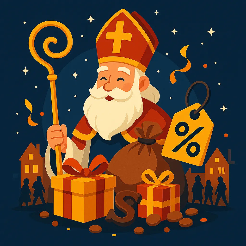 Warme Sinterklaas afbeelding met cadeautjes, gezellige decembersfeer en traditionele symbolen zoals een stoomboot en de staf van Sinterklaas.