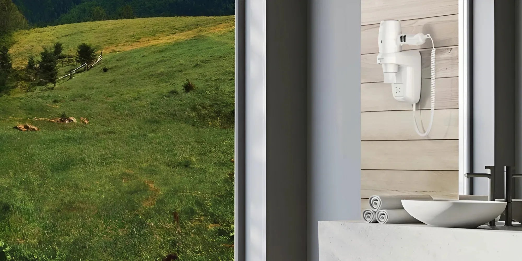 Wandhaardroger Premium Smart in sfeervolle badkamer met uitzicht op erf of weiland