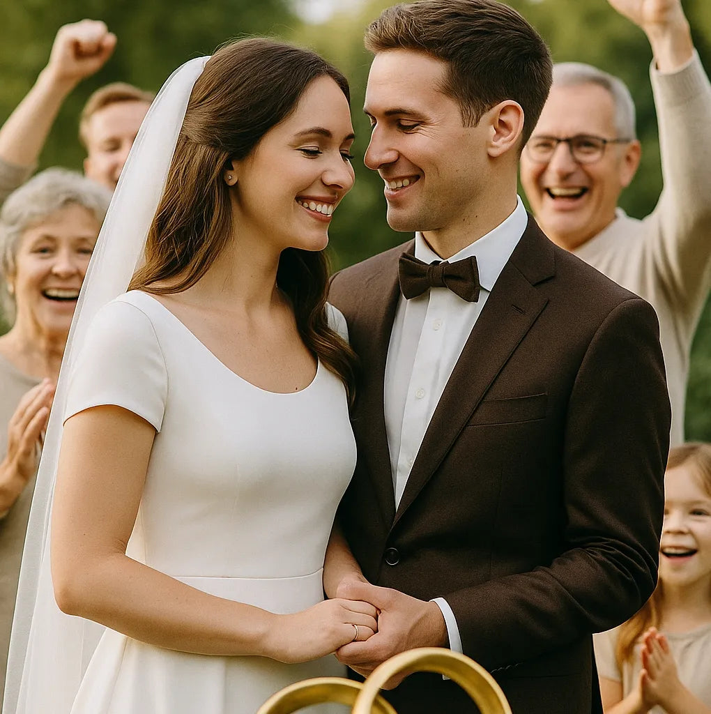 Stralend bruidspaar omringd door familie, met gouden ringen op de voorgrond.