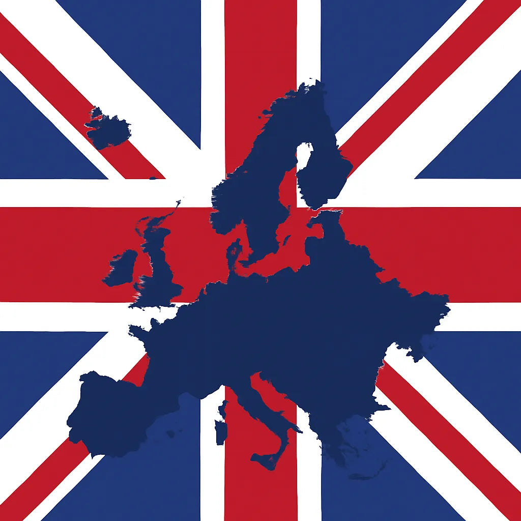 wen donkerblauw silhouet van het Europese continent geplaatst over de Britse vlag (Union Jack), als symbolische grafische compositie