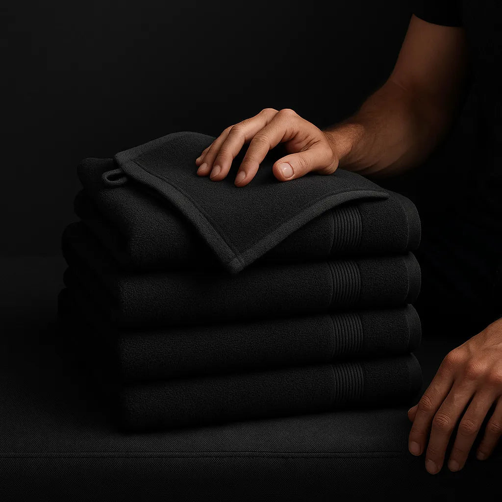 Netjes gestapelde zwarte handdoeken en washandjes op een donkere ondergrond, met een strakke en luxe uitstraling – perfect voor een Vaderdagcadeau