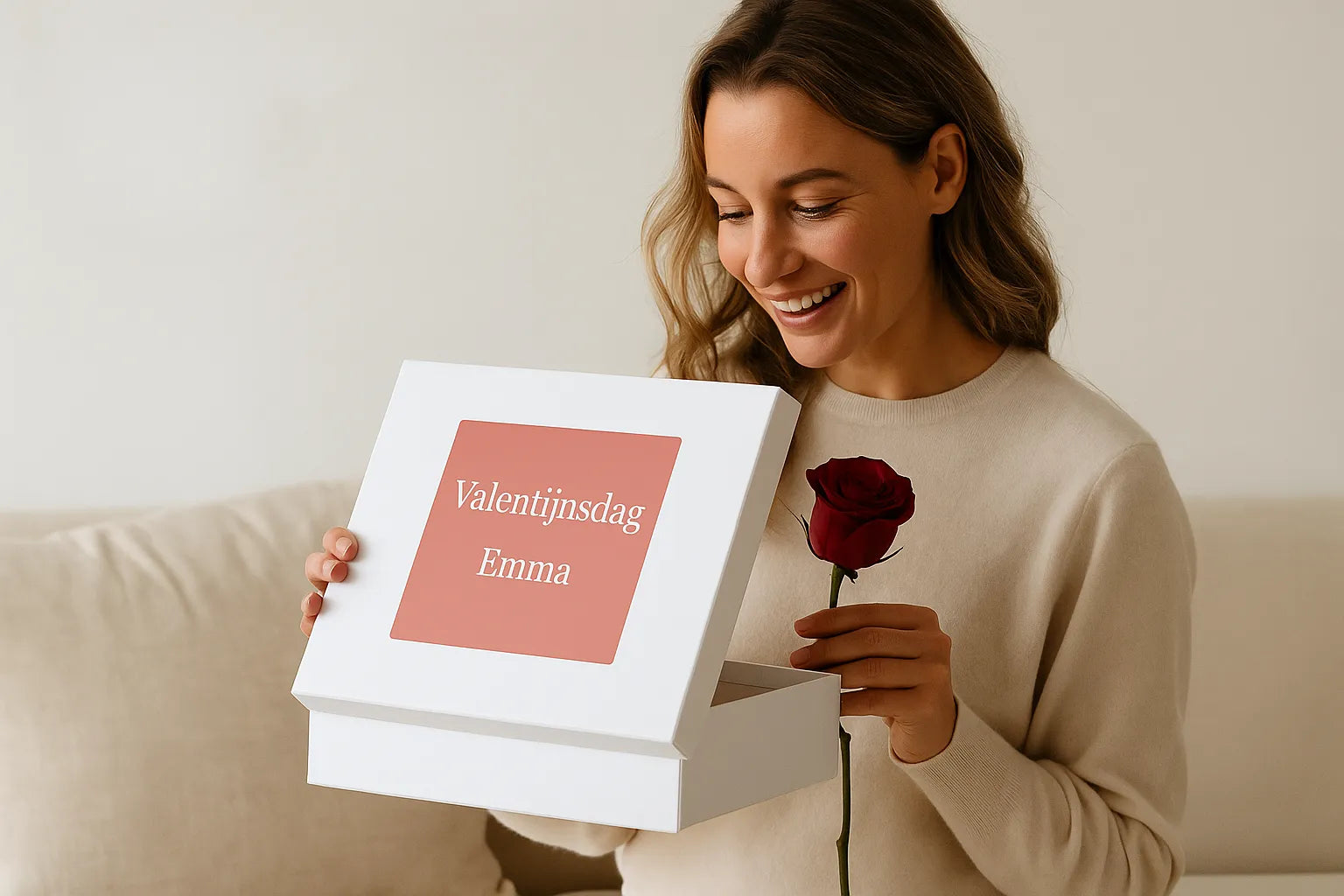 Vrouw opent met een glimlach een luxe witte cadeaudoos in een warme, stijlvolle setting – perfect voor een Valentijnsverrassing.