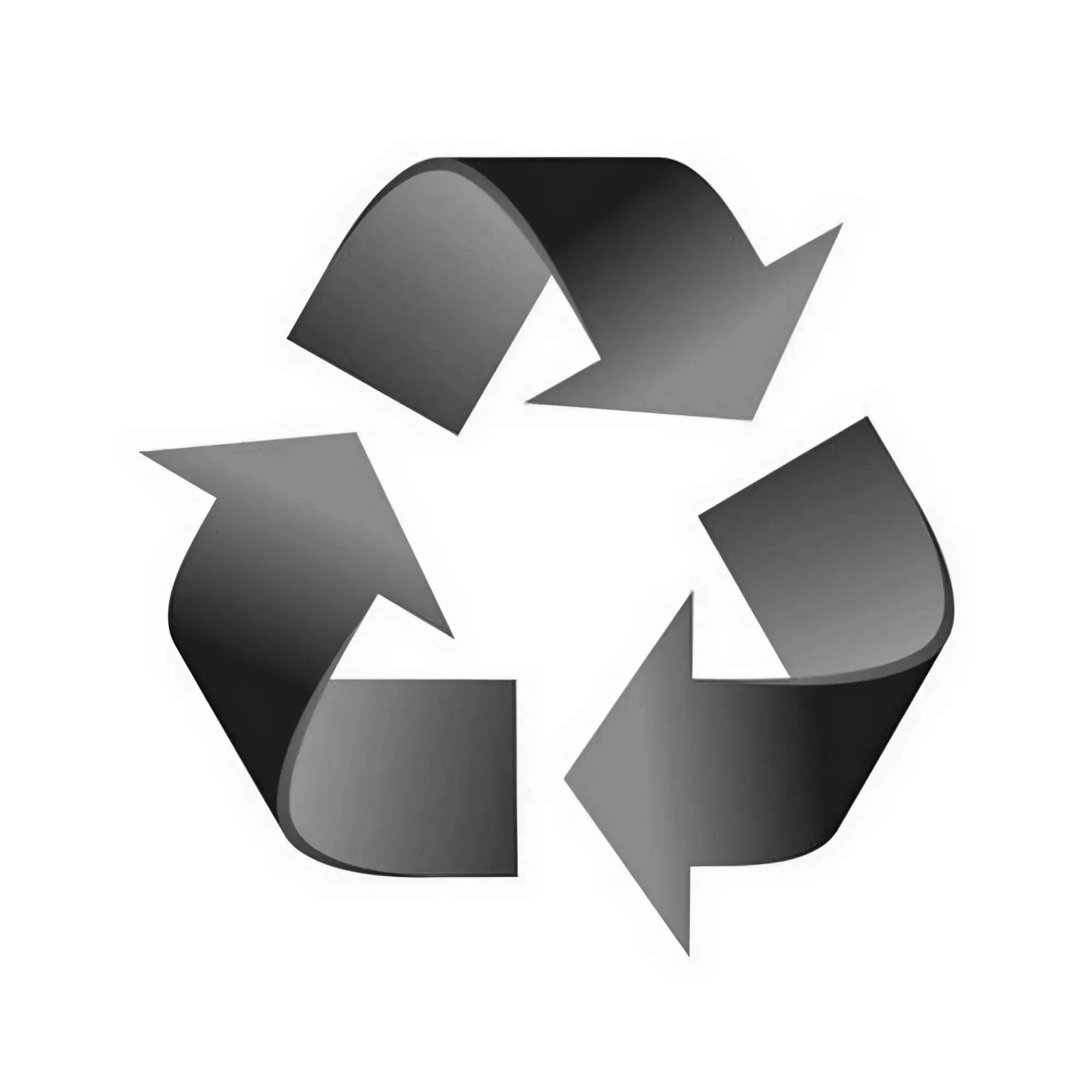 Zwart-grijs recyclelogo met drie pijlen in een driehoeksvorm, symbool voor recycling en circulaire economie.